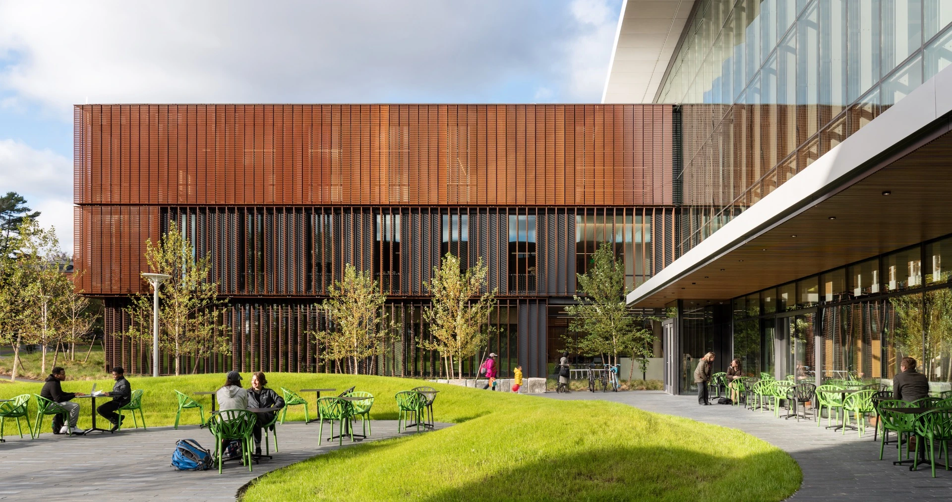 Amherst College New Science Center includes skylights that reduce artificial lighting needs and roof-based solar panels for electricity