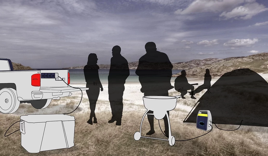 The solar panel charges up inbuilt and removable power units