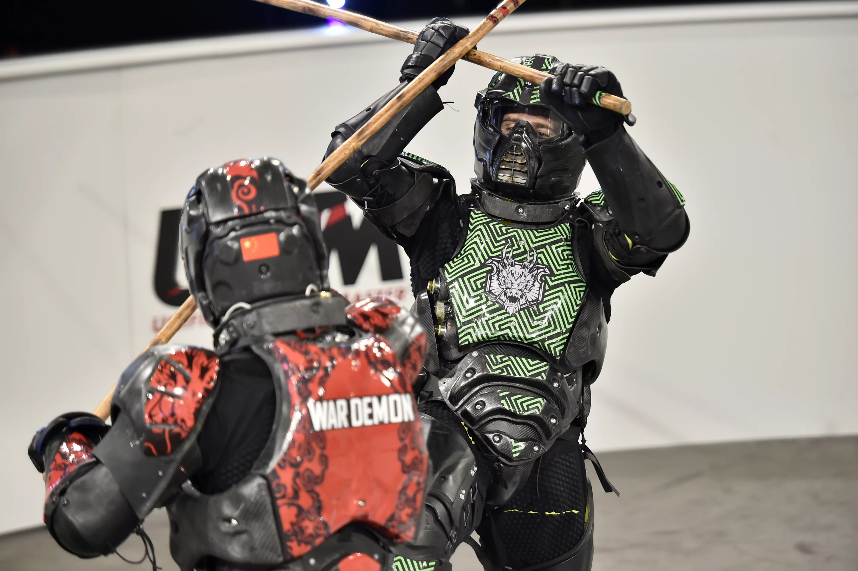 War Demon (L) takes on Fierce in a staff battle in Wellington