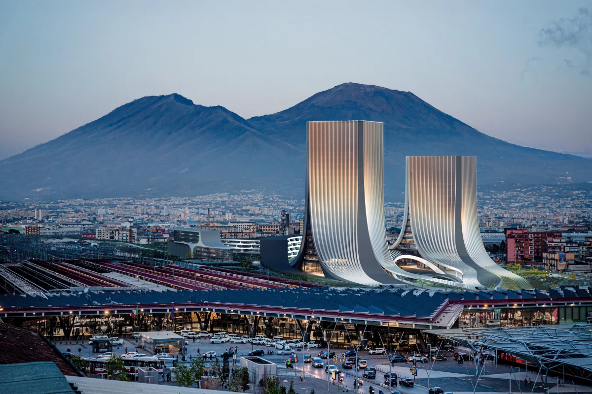 The Napoli Porta Est Masterplan's two Zaha Hadid-designed towers will provide views of the surrounding area, including Mount Vesuvius