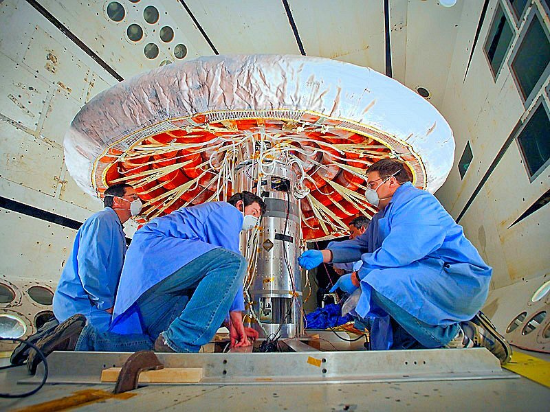 IREV3 inflatable reentry test vehicle being inspected following inflation in the NASA's Transsonic Dynamics Tunnel (Photo: NASA/Sean Smith)