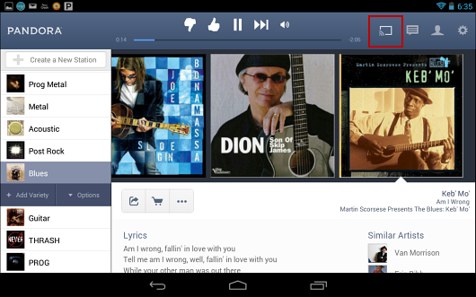 From your Android device just hit the "Cast" button to stream your Pandora stations