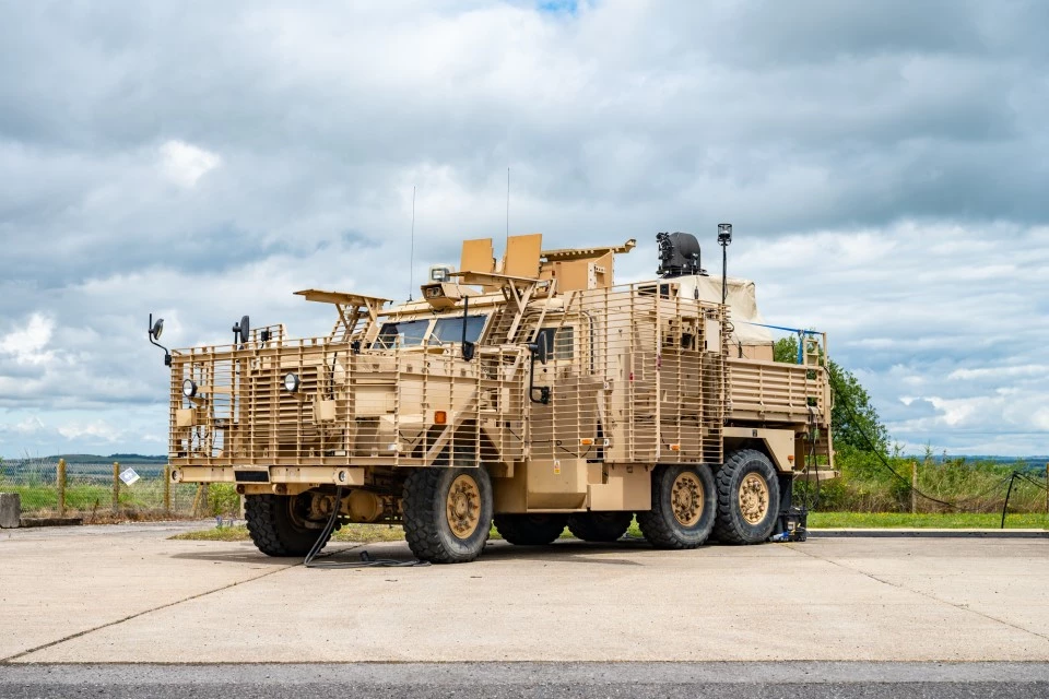 The British Army Wolfhound armored vehicle used to testRaytheon's High-Energy Laser Weapon System (HELWS)