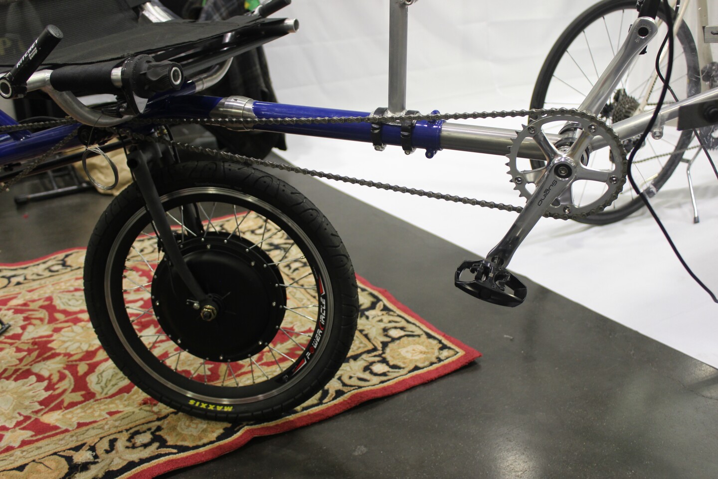 Semirecumbent electric tandem comes apart and packs up