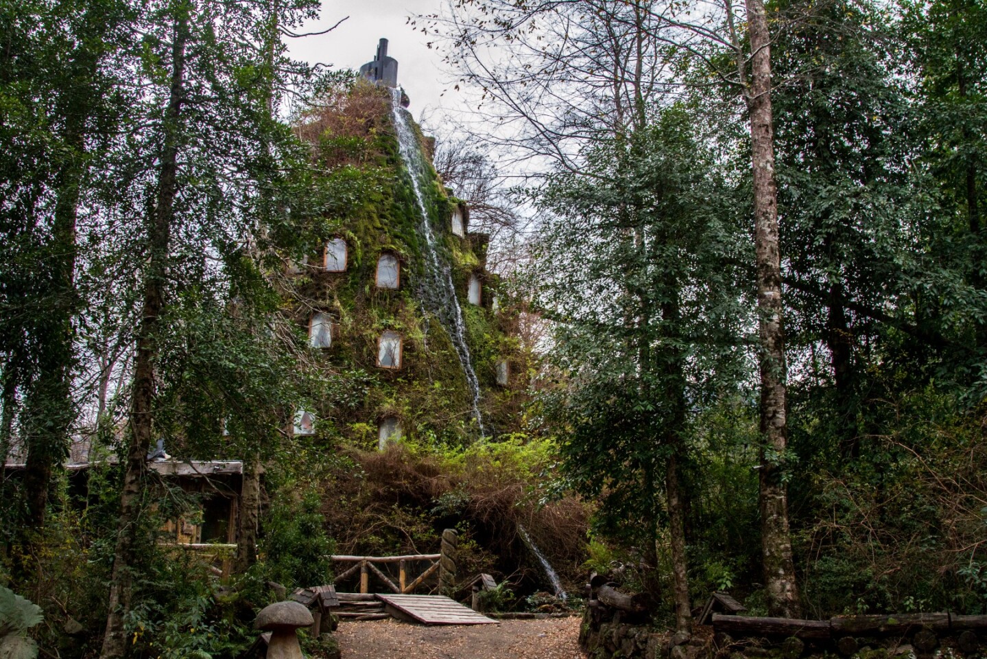Huilo Huilo's strangest offering is a cone-shaped hotel spouting a continuous stream of water that cascades down its shrubby exterior