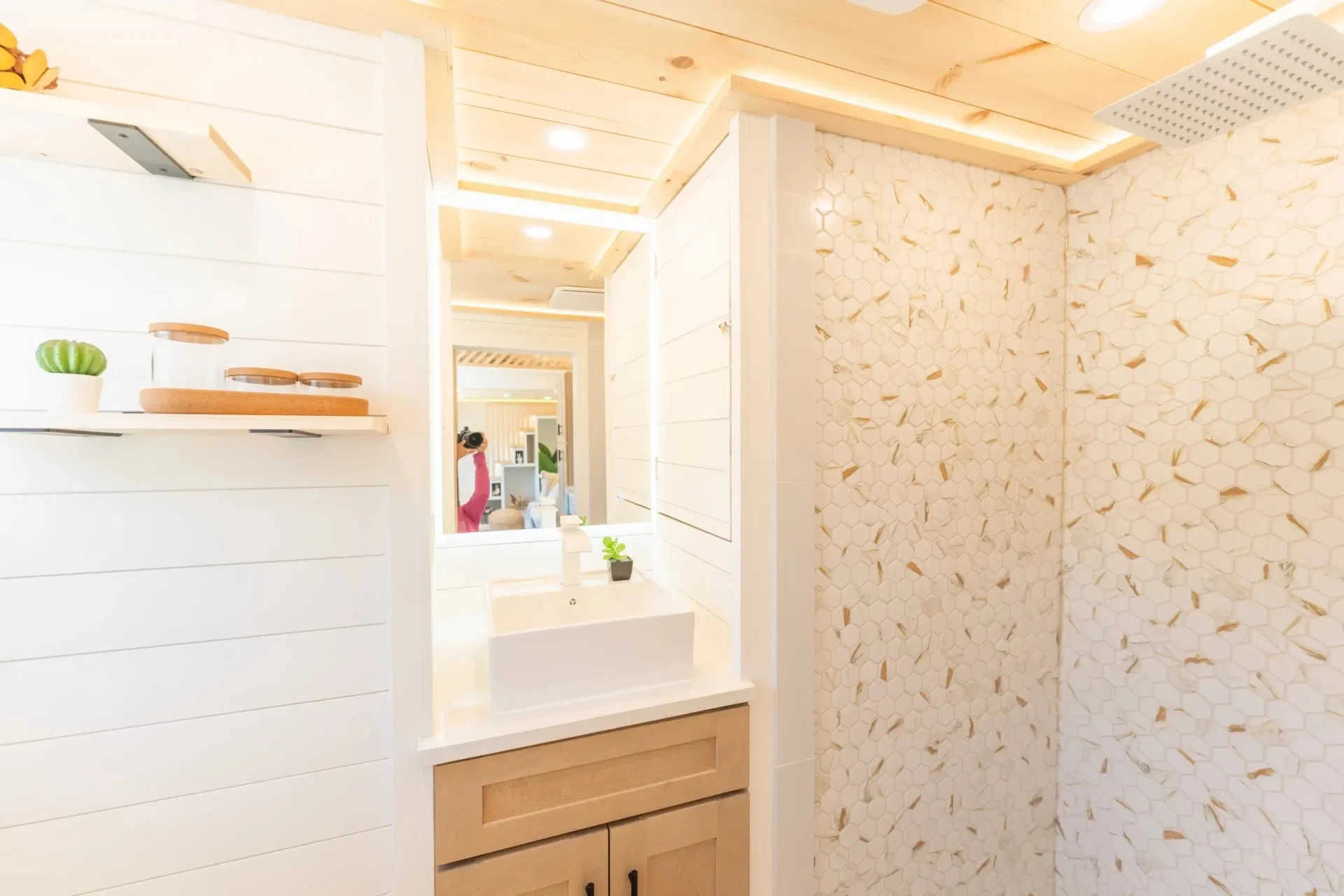 The Premium Vista's bathroom is reached by a barn-style sliding door and has a walk-in shower, a vanity sink, and a flushing toilet