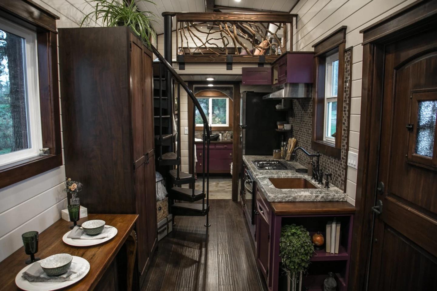 View towards the Tudor-style tiny house's bathroom