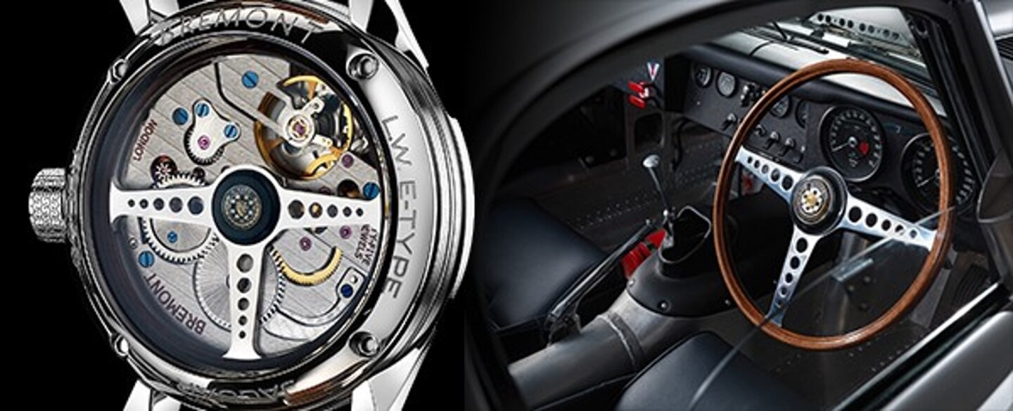 The reverse of the Lightweight E-Type watch sports a rotor in the shape of a steering whel