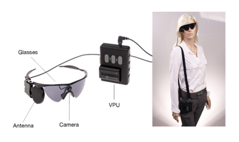 The Argus II consists of a camera on the patient's glasses and an array of electrodes implanted on the patient's retina