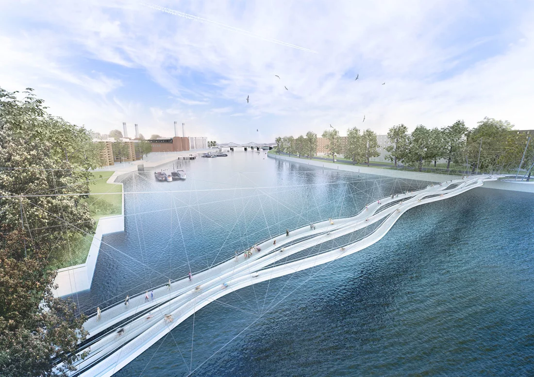 A wavy bridge with an unusual pattern of suspension cables (Image: NEP Bridge Competition)