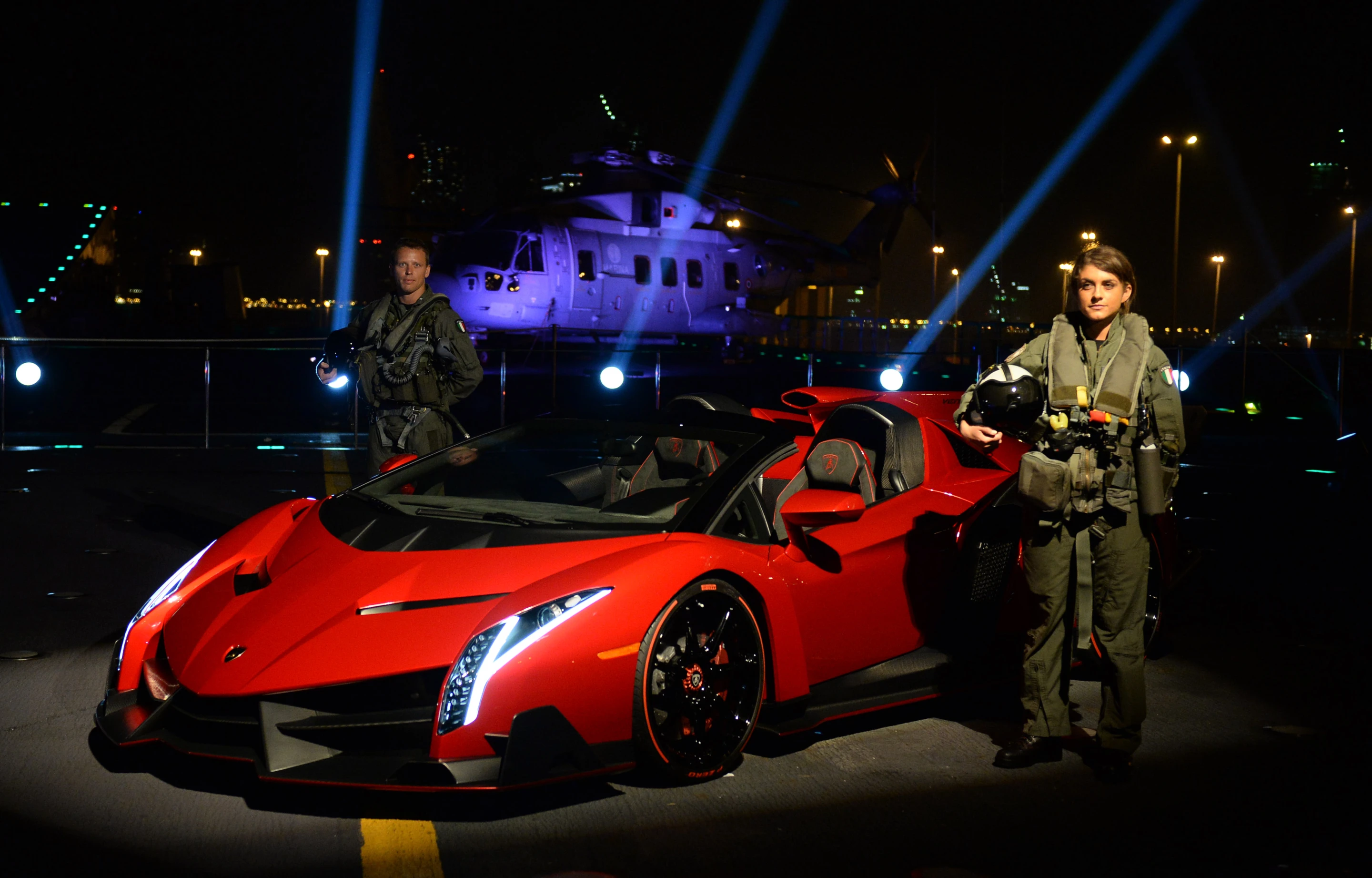 The Lamborghini Veneno Roadster makes its public debut aboard the Nave Cavour
