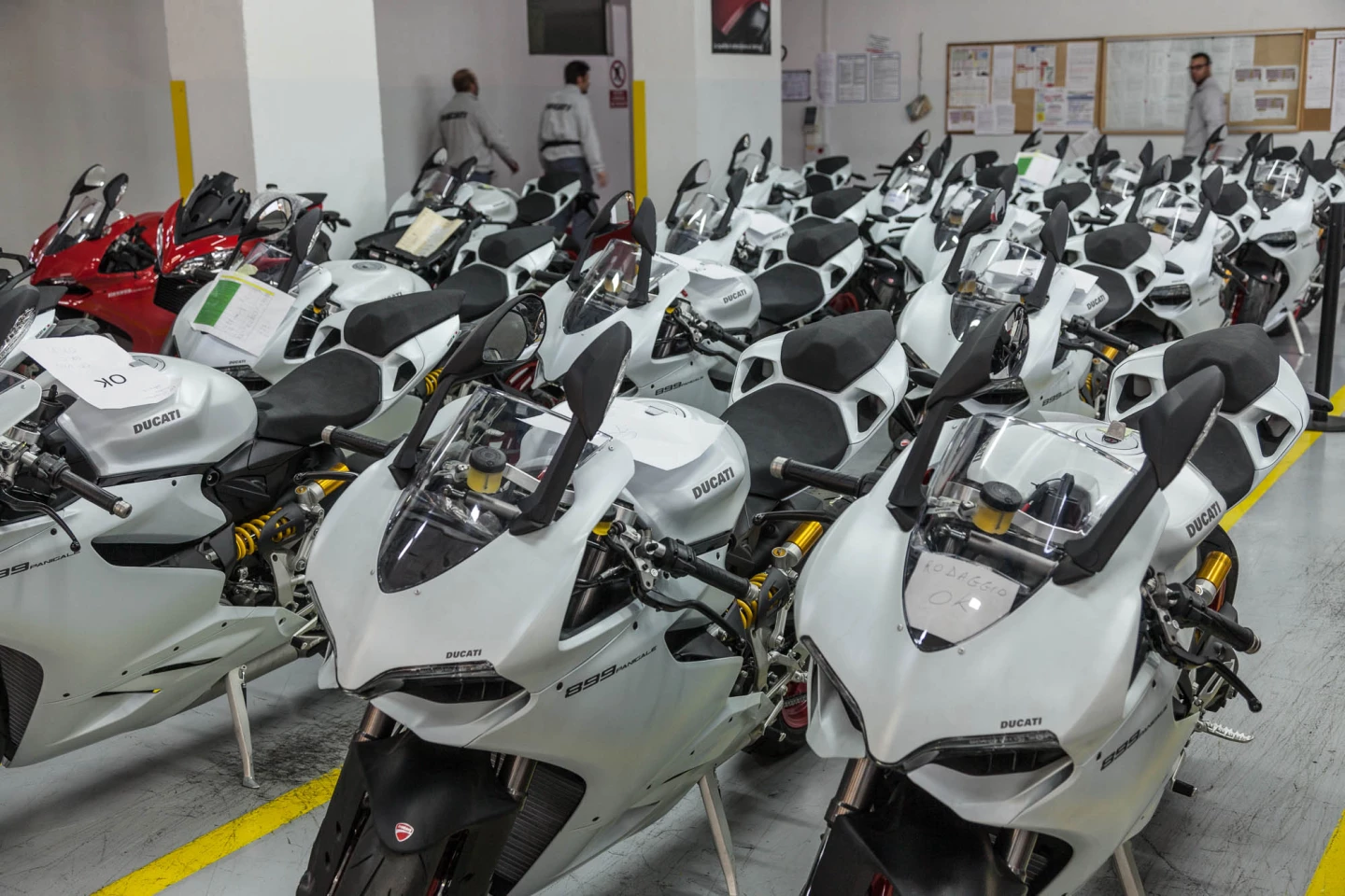 This batch of 899 Panigales has had fairings and road gear fitted, ready for packing and export.