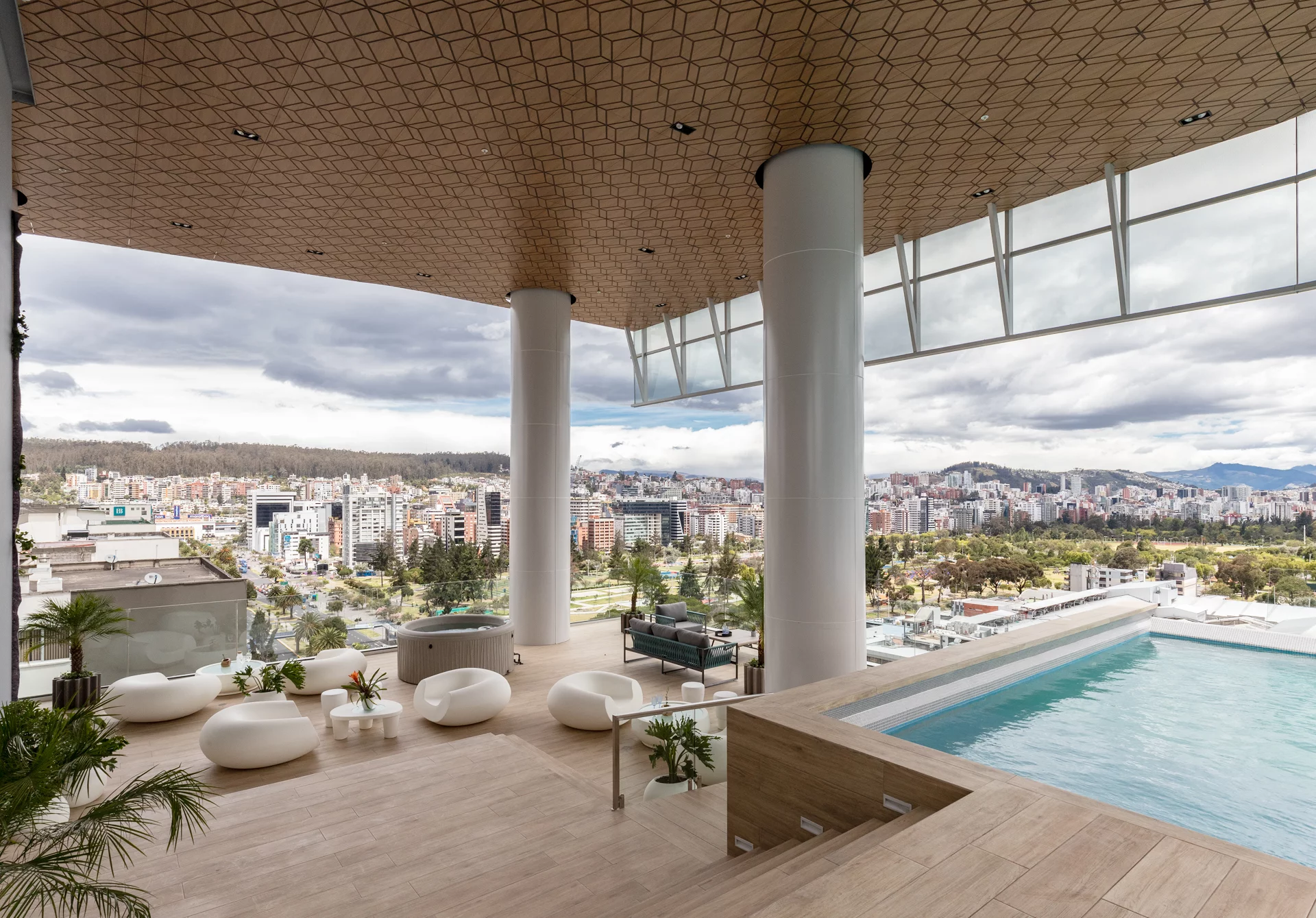 The Unique tower's communal open-air area at its center is three stories tall