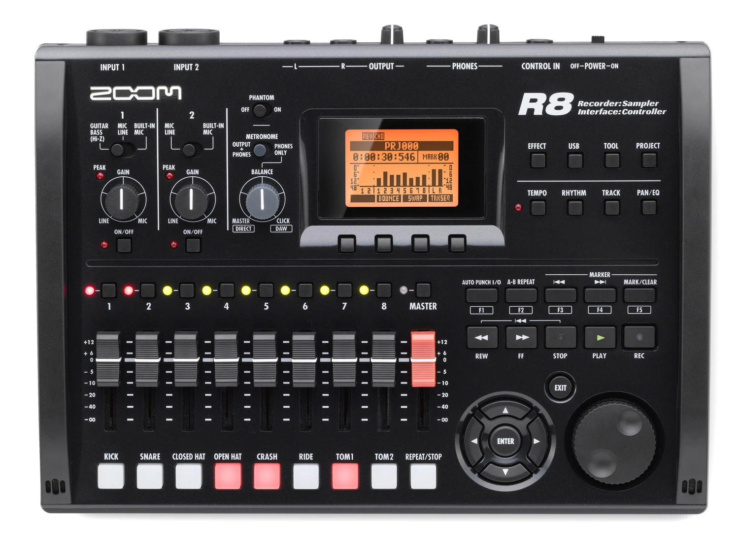 The top of the R8 has nine slider controls, eight rhythm pads, a bright LCD panel and features onboard divide and trim editing, punch in and out, bounce down, repeat, undo and redo and marker functionality