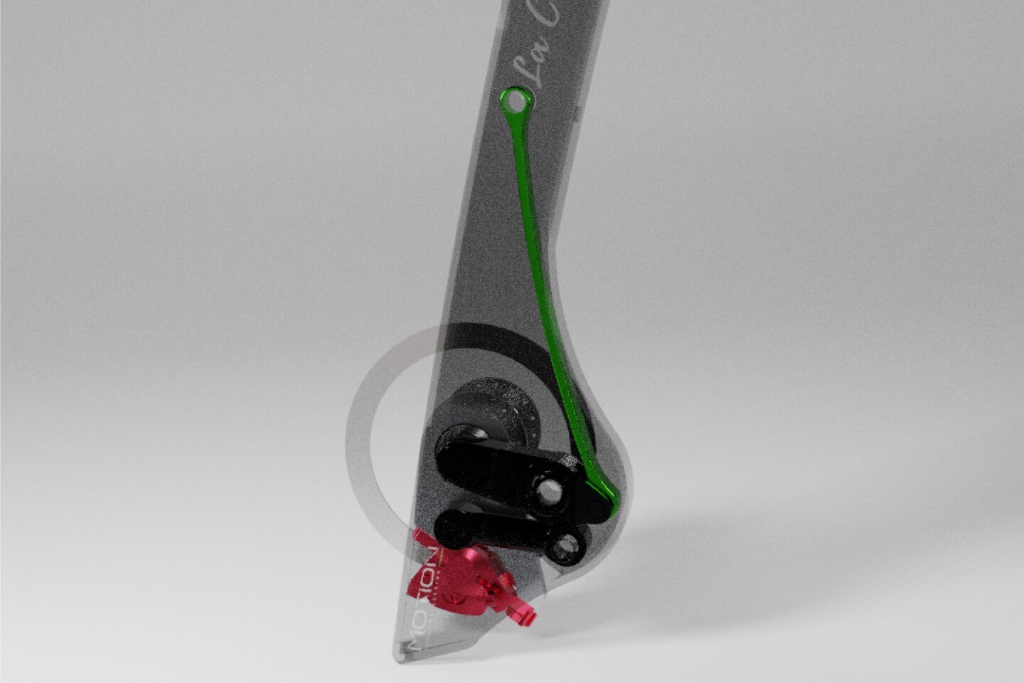 An x-ray view of the La City, showing the leaf spring (green) and the linkages (black)