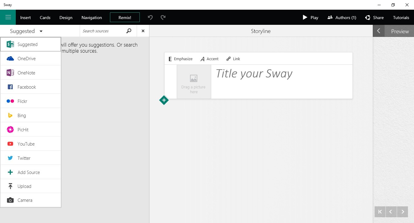 Content can be directly added to Sways from a number of sources