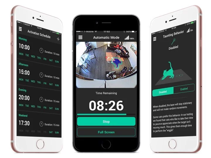 Felik users can set the times and durations of play sessions using an accompanying iOS/Android app, which also allows them to set the boundaries of the play area, and to check in on their pets from work using a built-in 720p video camera