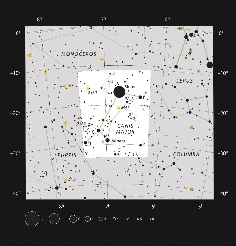 Starmap displaying the location of VY Canis Majoris as a small dotted circle within the constellation Canis Major