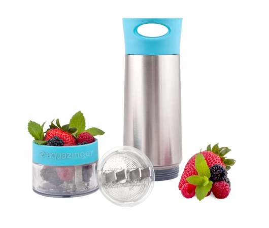 The individual components of Aqua Zinger laid out, including the berry and herb ingredients