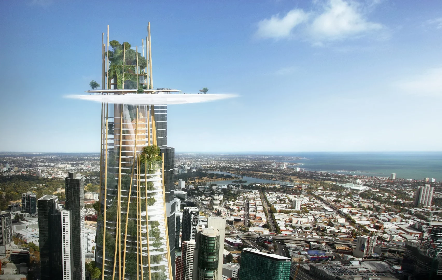 The Urban Tree would rise to a total of 360 m (1,181 ft) and feature some kind of platform called "The Cloud," at the top, which would house the hotel's public amenities and change appearance with LEDs