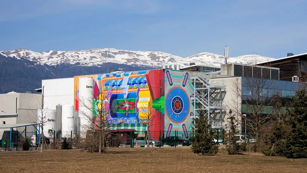 Artist Josef Kristofoletti designed and executed this magnificent mural adorning the ATLAS detector building of the Large Hadron Collider (Photo: J. Kristofoletti)