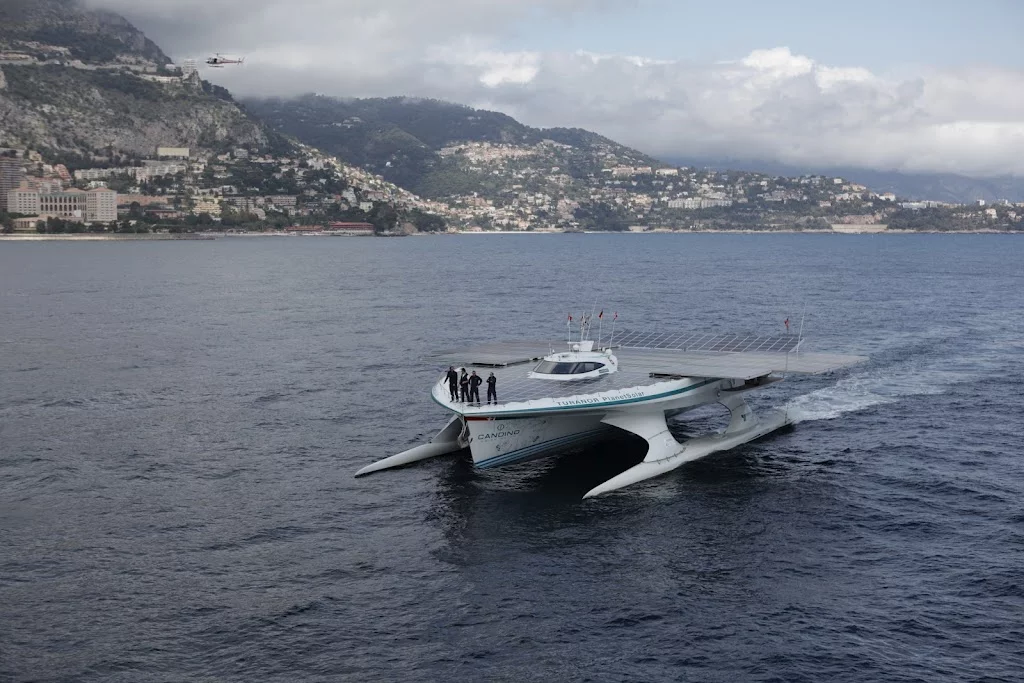 The TURANOR PlanetSolar, as it enters Monaco's Hercule Harbor