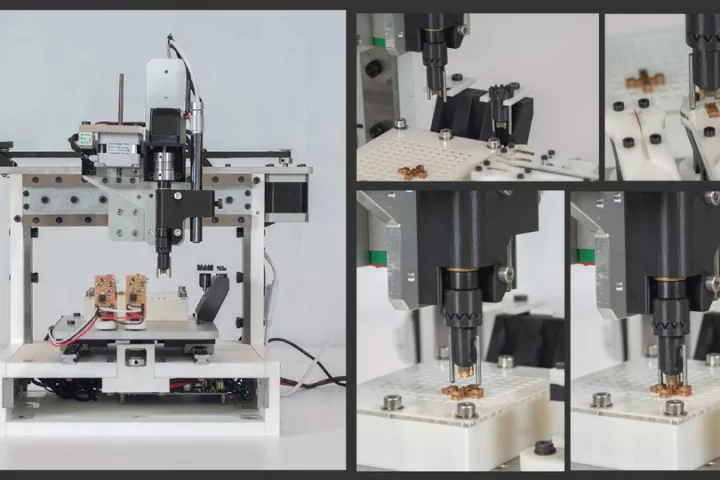 MIT graduate student Will Langford developed a machine that’s like a cross between a 3-D printer and a pick-and-place machine that can produce complete robotic systems directly from digital designs
