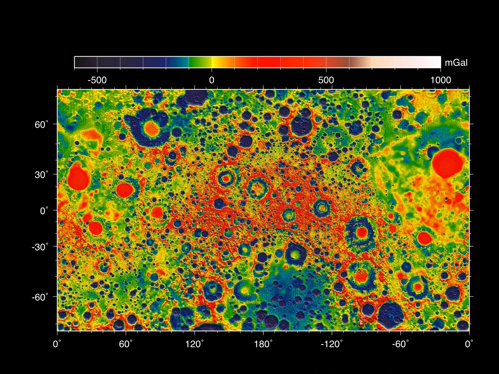 Mercator projection of lunar gravity map (Image: NASA/ARC/MIT)