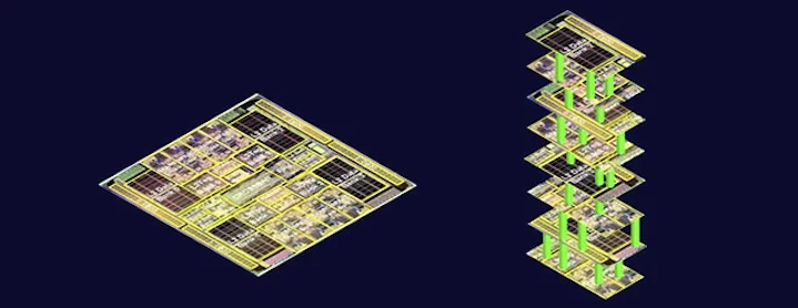 A standard one-story chip versus an exploded view of Stanford's multi-story design (Image: Stanford University)