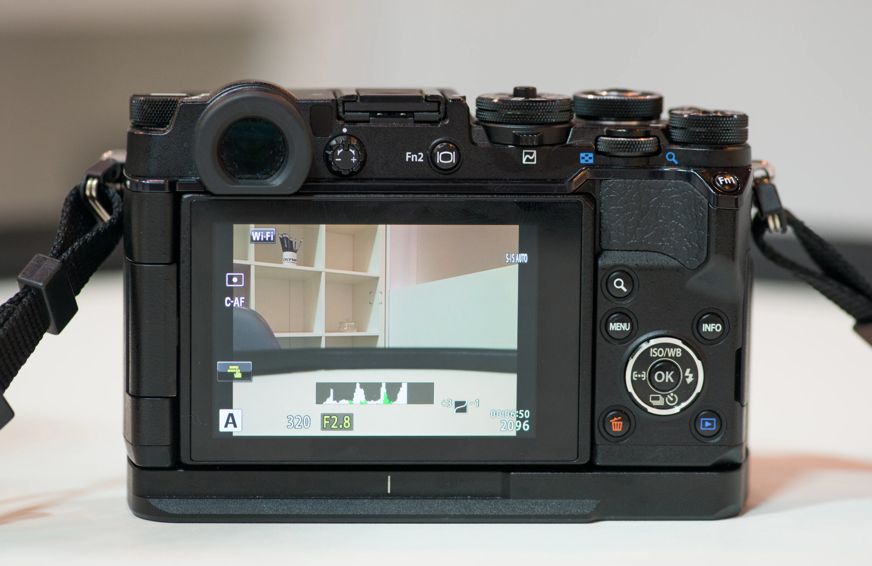 The rear touchscreen on the Olympus PEN-F mirrorless camera