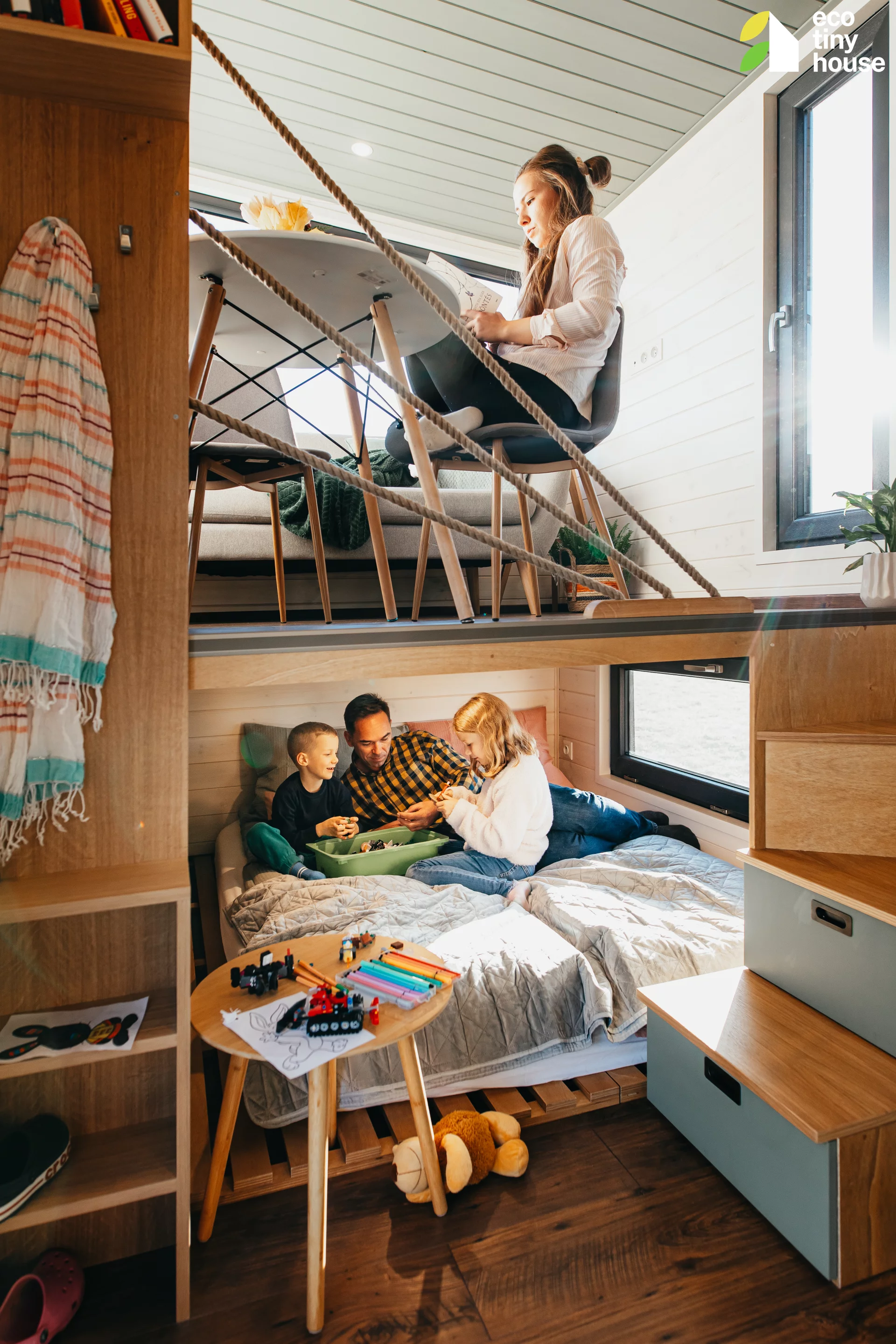 The Tiny Getaway's living room is situated upstairs, with a secondary bedroom below