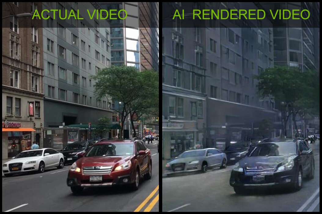 The Nvidia team fed the neural network thousands of Cityscapes videos (left) and it was able to use that knowledge to fill in the blanks of virtual worlds, including details, color, lighting and texture