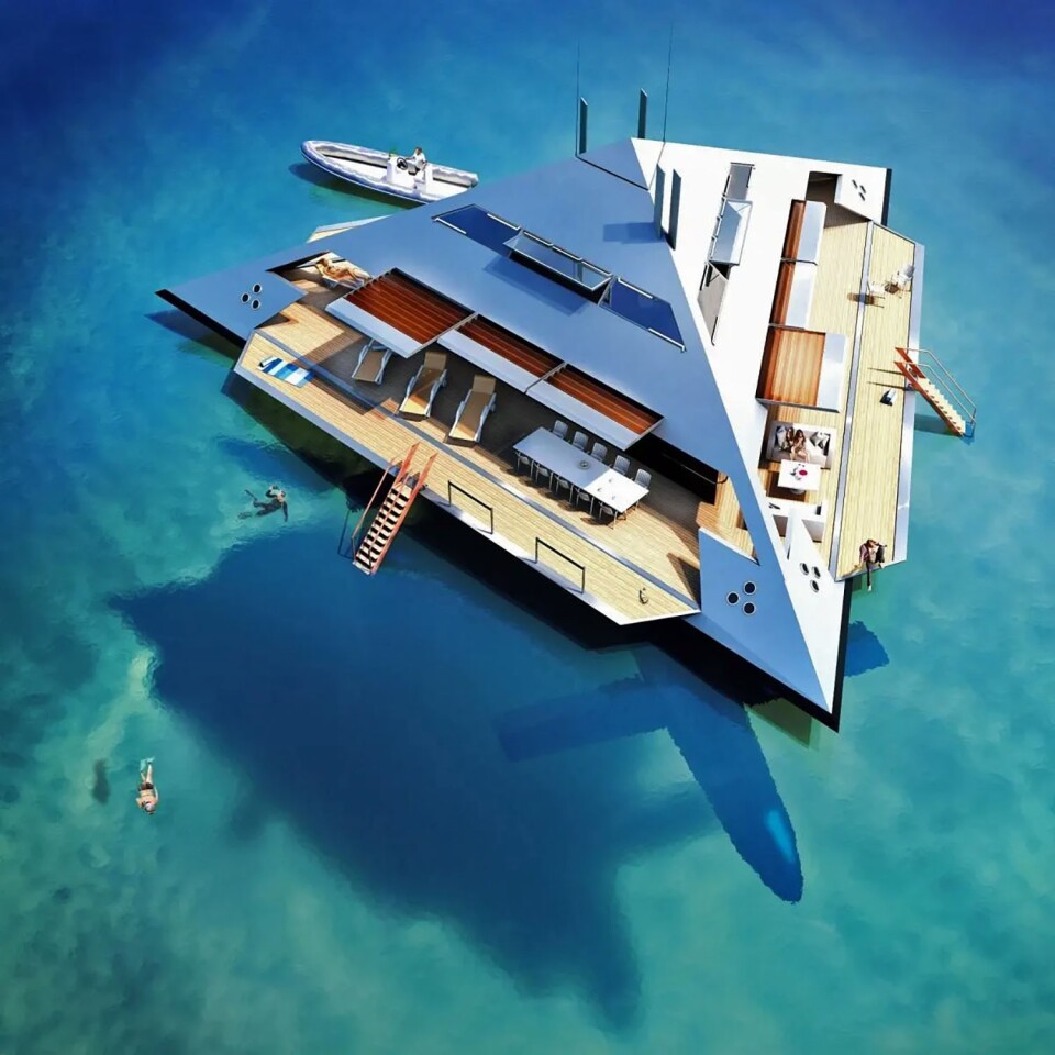 The decks of the Tetrahedron would fold out, giving you sun decks and easy access to the water. Below the surface, you can see where the hydrofoil resides