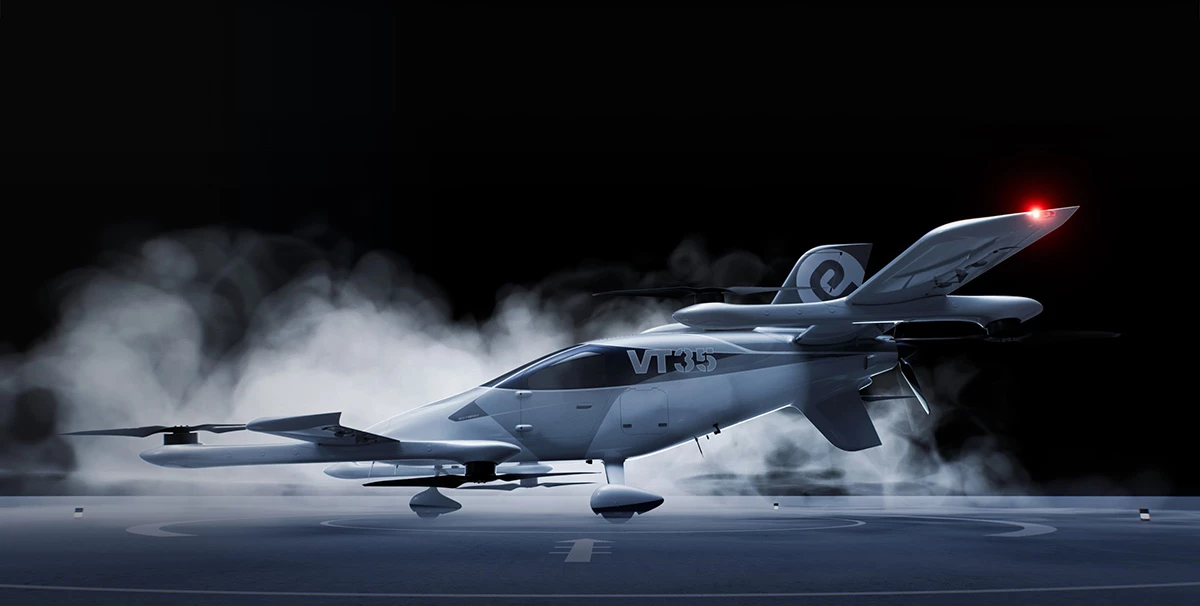 The VT35 features eight lift propellers and one propulsion propeller, and is capable of 125 miles of range at cruising speeds of 134 mph