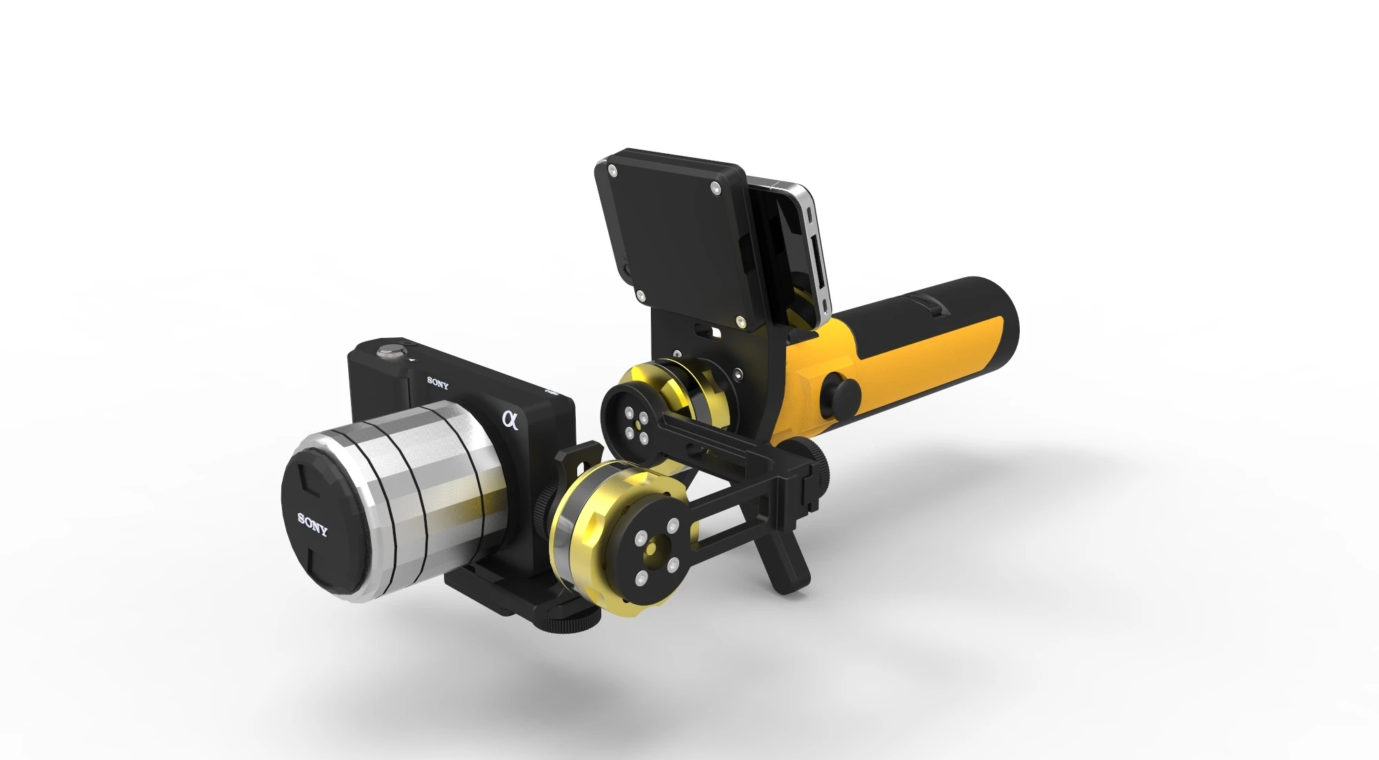 Mockup of the Gyromatic Go2X Gimbal Stabilizer for the Sony Nex