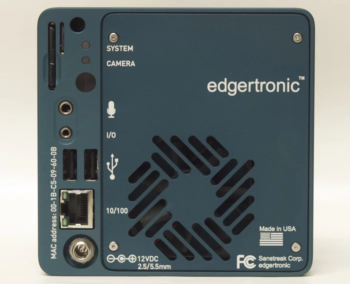 On the back of the Edgertronic camera there are two USB ports, one ethernet port, an audio input, and an accessory expansion I/O port for things like external triggers