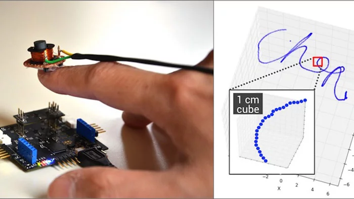 Finexus uses a set of electromagnets fitted to the user's fingertips and four magnetometers to detect their motion