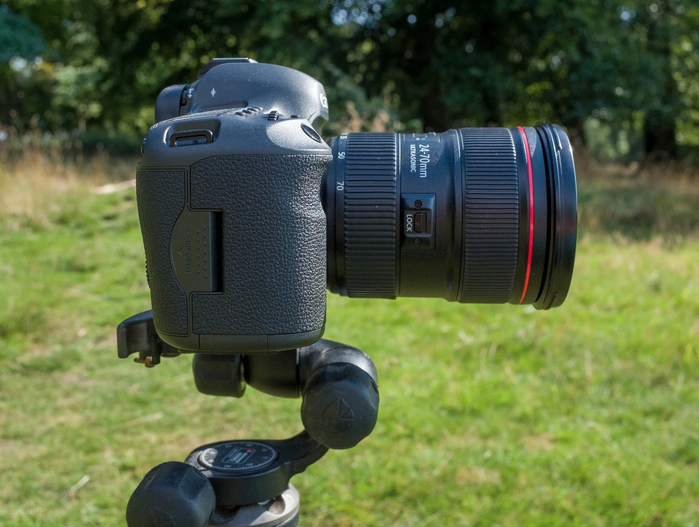 The Canon 5Ds is a large professional DSLR with a chunky grip