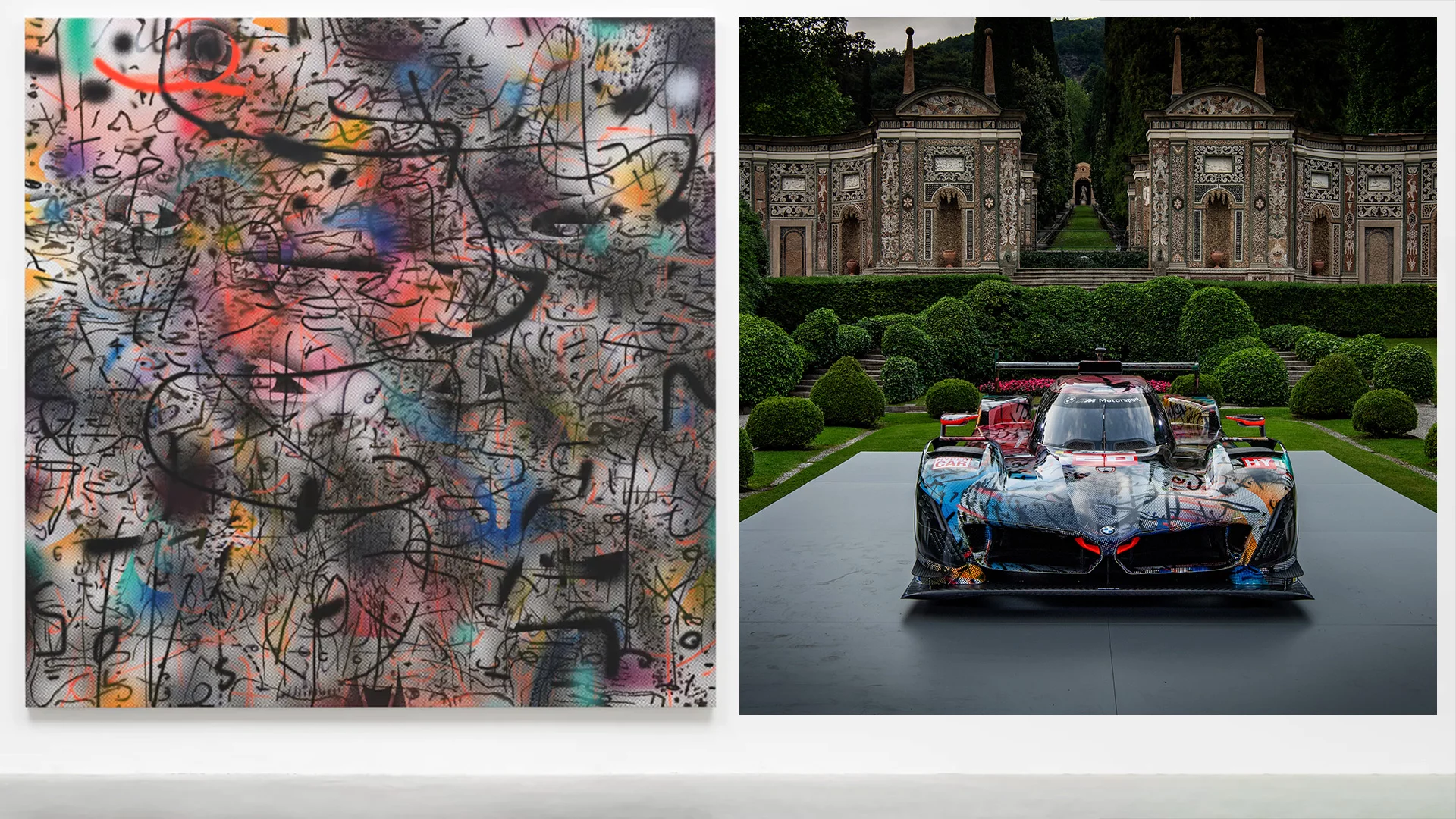 At left is Julie Mehretu's "Everywhen" (2021-2023), an ink and acrylic on canvas measuring 120 inches (305 cm) square. At right is the BMW M Hybrid V8 that will wear the painting in the 92nd 24 Hours of Le Mans on 15–16 June 2024