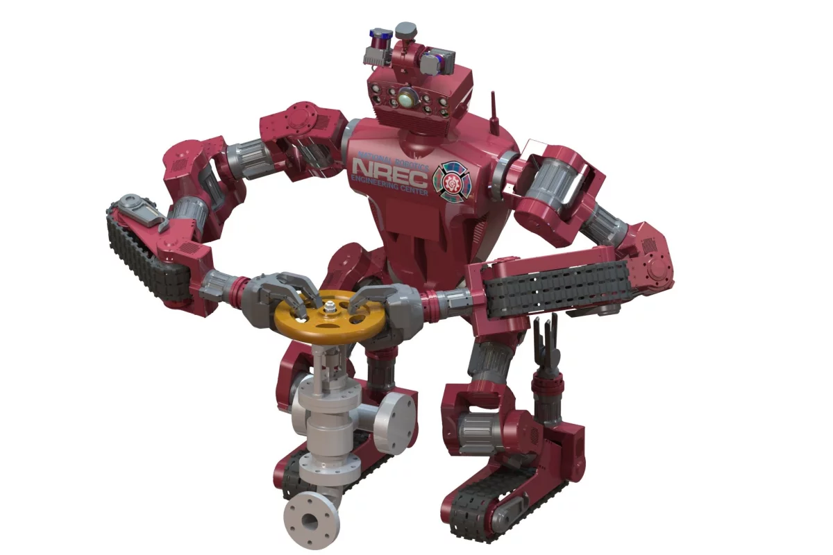 Carnegie Mellon University's CHIMP robot has arms and legs, but moves on rubberized tank-like treads