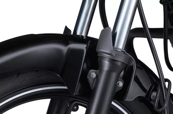 The Bajaj V's front suspension employs conventional 33 mm forks