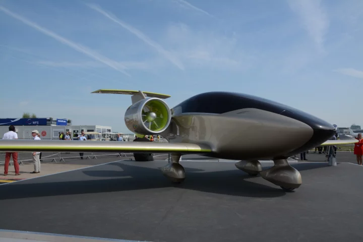 A full scale static mock up of the E-Fan 2.0 electric pilot training aircraft on display at the Paris Air Show