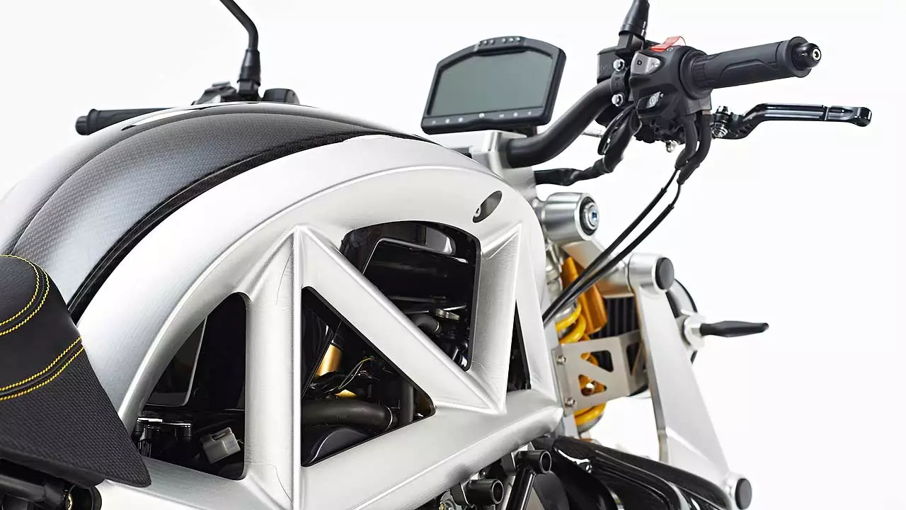 Ariel Ace as a girder-forked cruiser - featuring the Atom's LCD dash unit