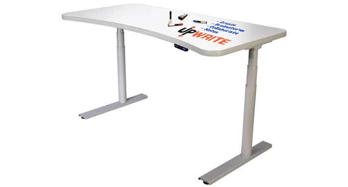 The UpWrite sitting or standing desk features a whiteboard surface