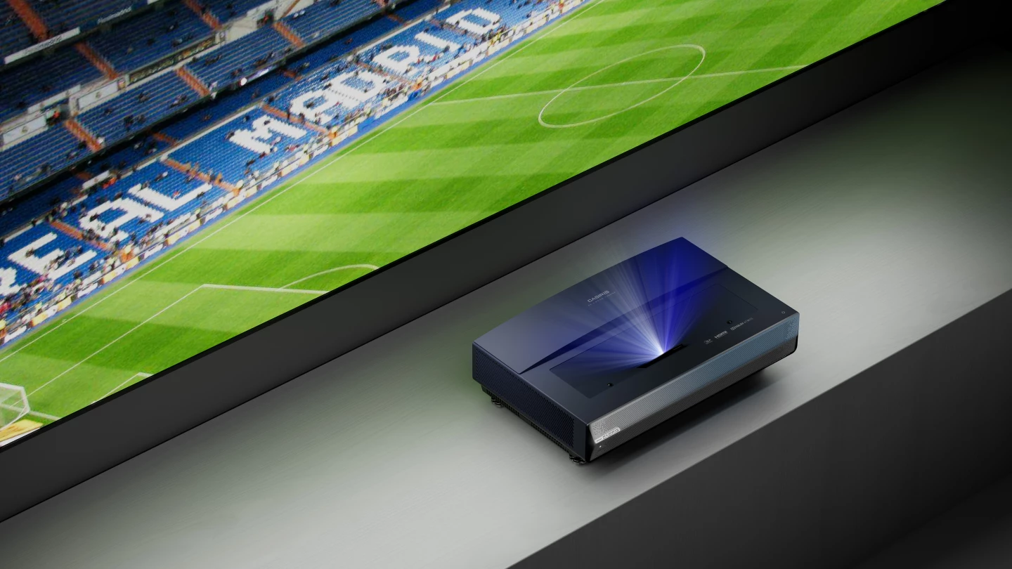 The Casiris A6 4K UST projector can be optioned with an ambient-light-rejecting screen for lights-on viewing