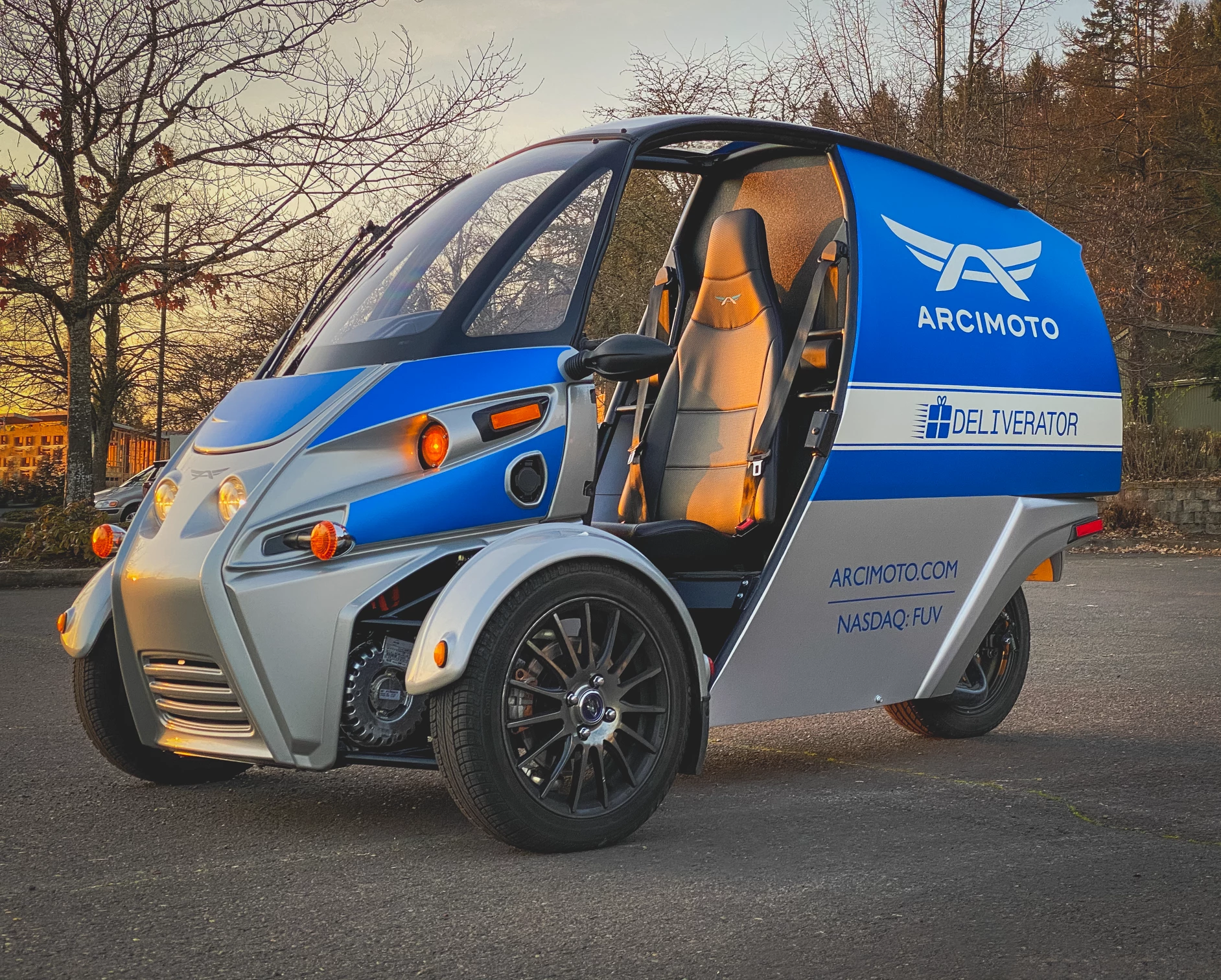 This version of Arcimoto's electric three-wheeler seats one, and has been designed for local and last-mile delivery