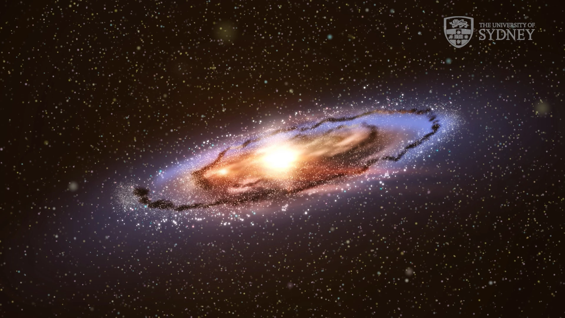 Still frame from a University of Sydney animation, showing how Andromeda may have destroyed the dwarf galaxies