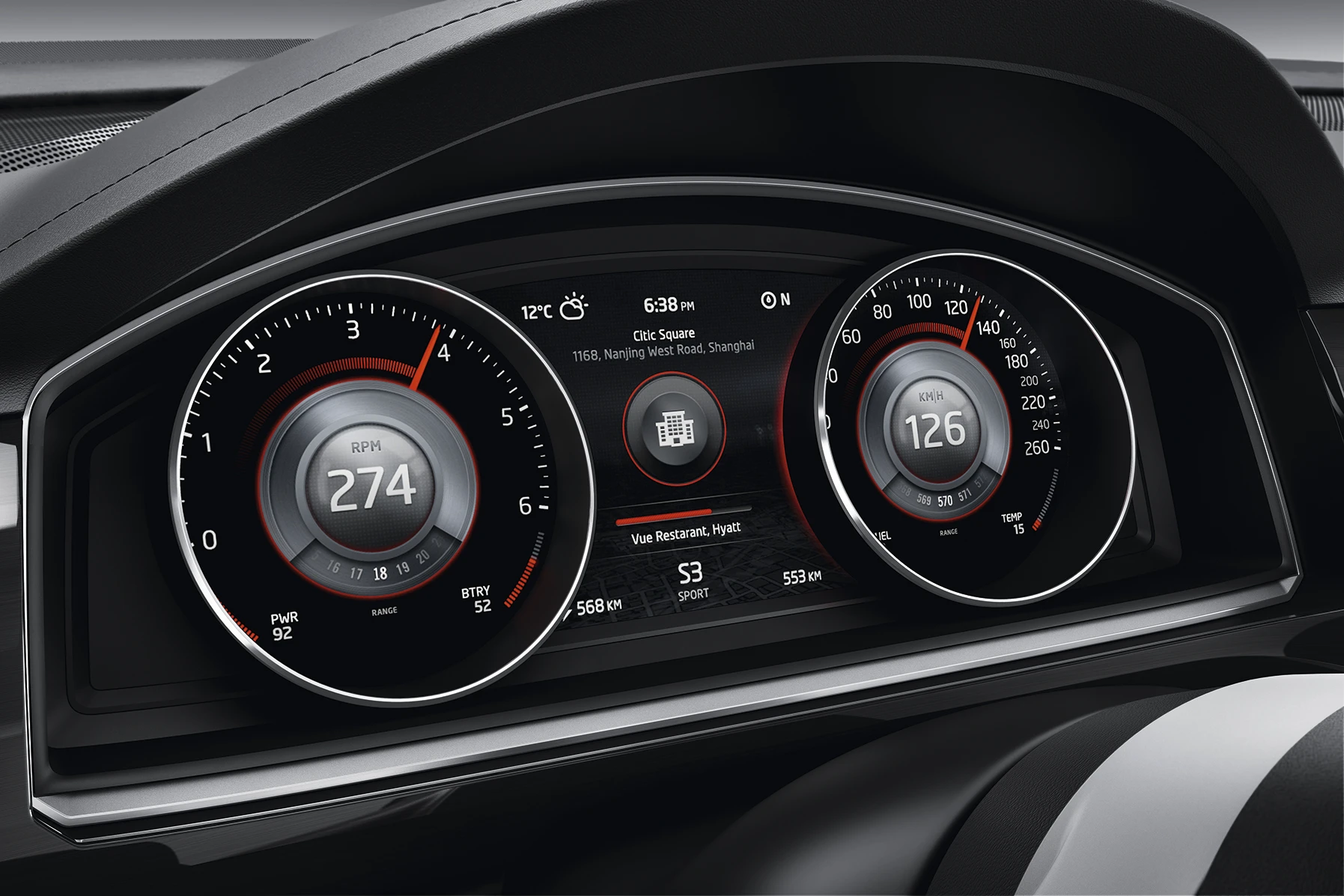 CrossBlue's instrument cluster is designed with analogue hardware in the form of two classic round instruments, but utilizes digital inputs