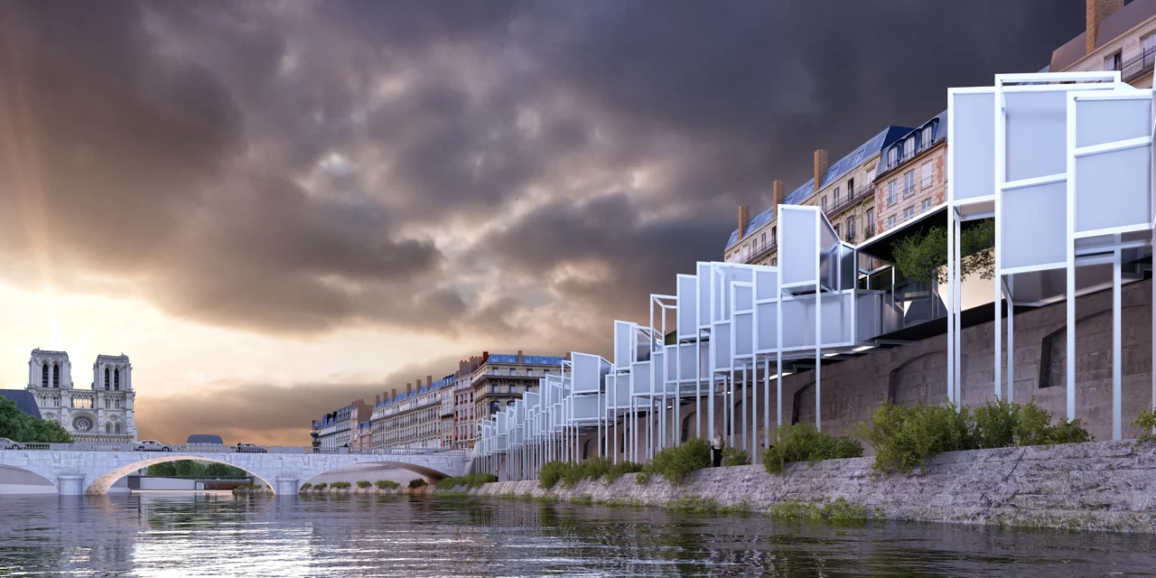 The EauBerge Paris Capsule Hotel would be located on the banks of the Seine river in Paris (Image: +imgs)