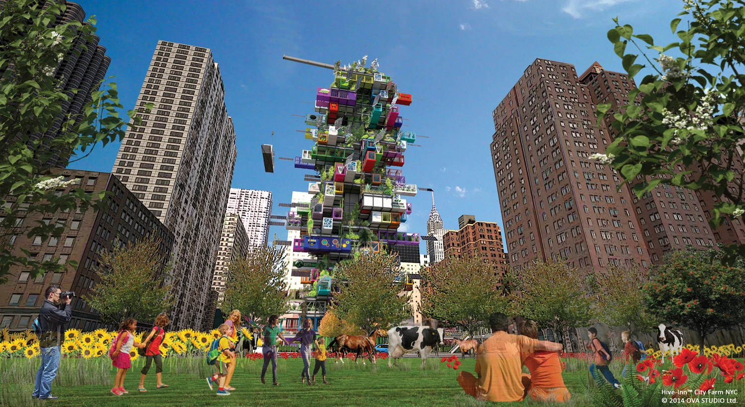 The concept proposes that each container plays a role in producing food, harvesting energy and recycling waste and water